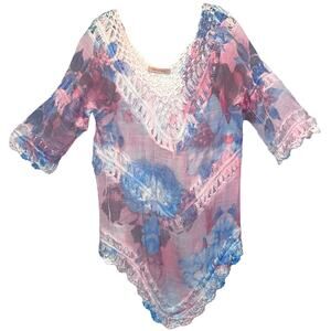 Paradise V-Neck Pastel Tie-Dye Crochet Accent Tunic Beach Cover-up